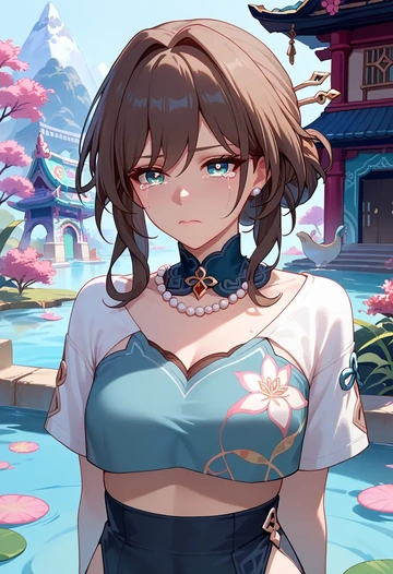 star rail,ruan mei,cropped graffiti sweatshirt,dolphin shorts  - AI generated anime art